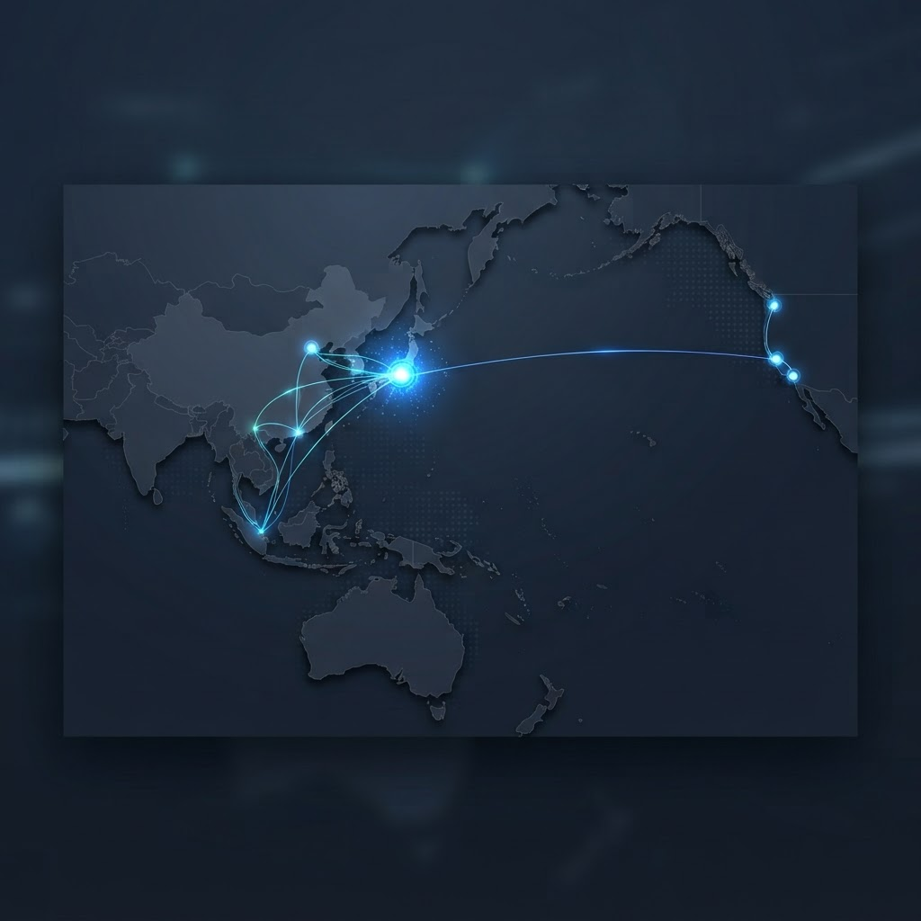 Network map showing Tokyo, Japan connected to Asia-Pacific cities and the US West Coast